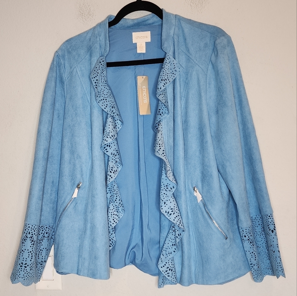 NWT Chico's Blue Faux-Suede Perforated Drape Jacket Open Front Size Large Vegan